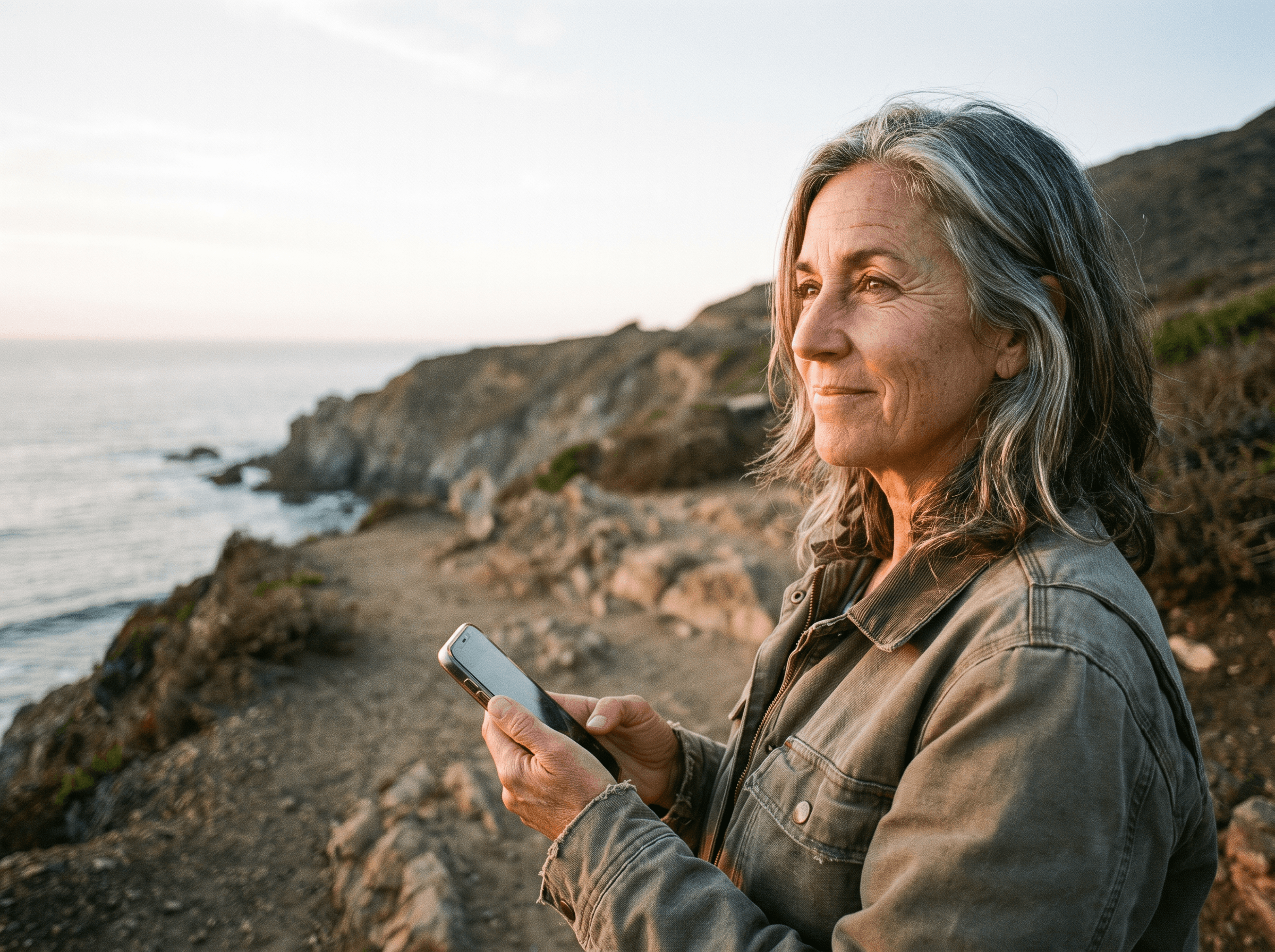 A woman on a coastal walk handling her practice request on her phone